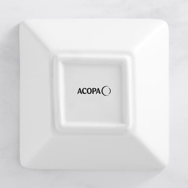 An Acopa bright white square porcelain bowl with the word Acopa in black.