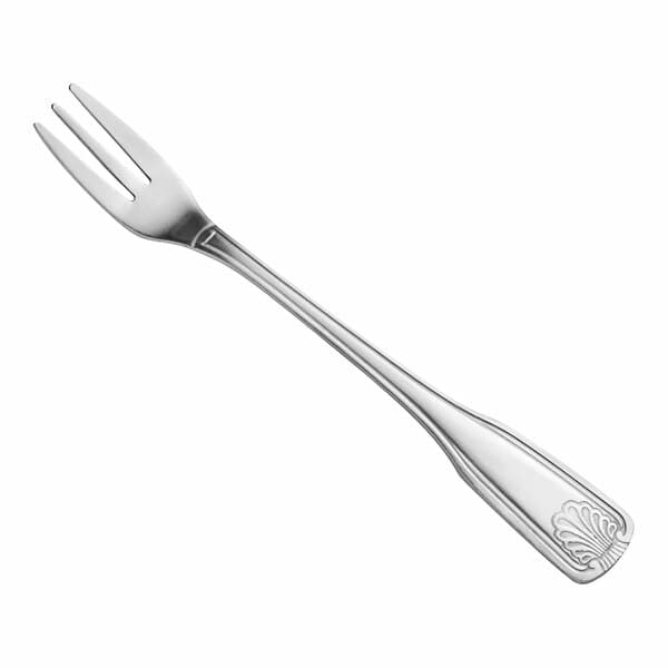 An Acopa stainless steel cocktail/oyster fork with a design on the handle.