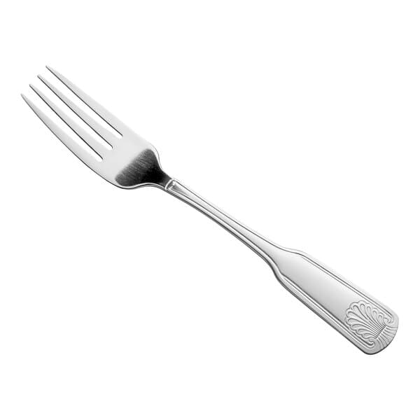An Acopa stainless steel dinner fork with a design on the handle.
