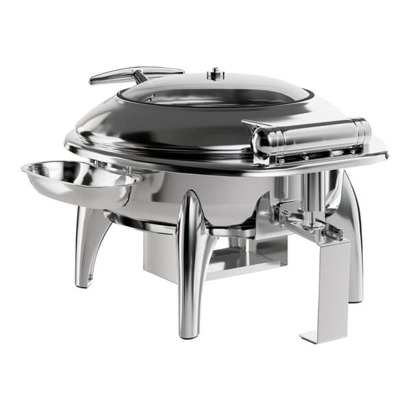 An Acopa stainless steel round chafer with a lid on a stand.