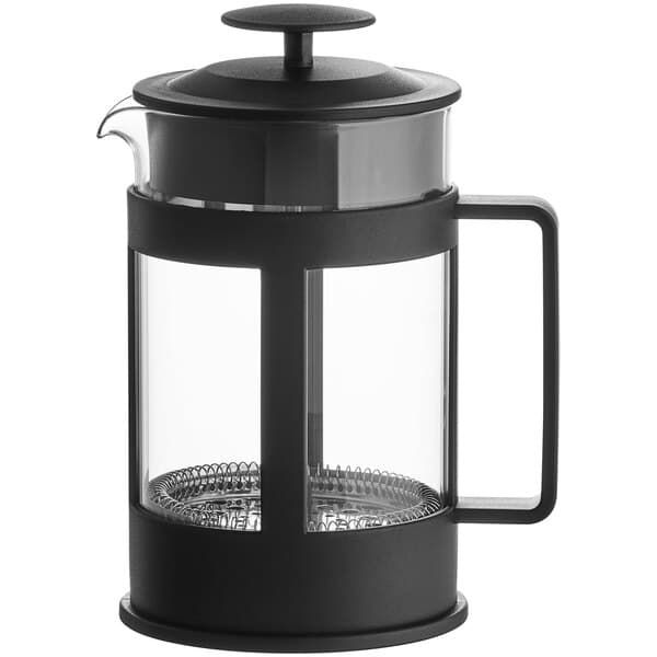 An Acopa black and glass French coffee press.