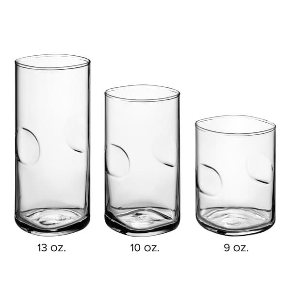 Acopa juice glasses in four different sizes with measurements.
