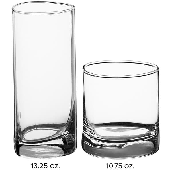 Two Acopa Bermuda beverage glasses with measurements on the side.