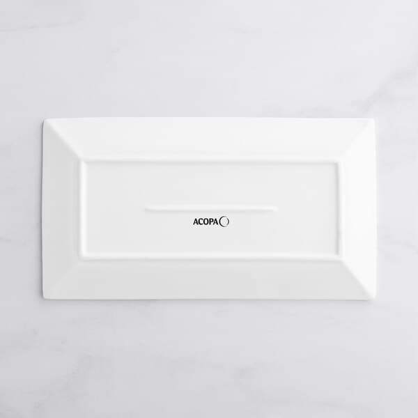A white rectangular Acopa porcelain platter with black text.
