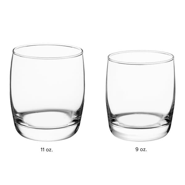 Two Acopa rocks glasses on a white background.
