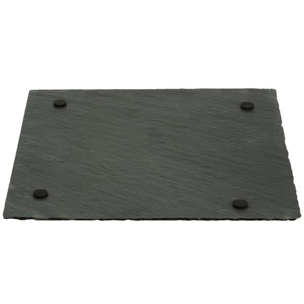An Acopa black slate tray with two holes in it.
