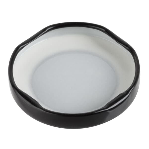 A black Acopa milk bottle lid with a white rim.