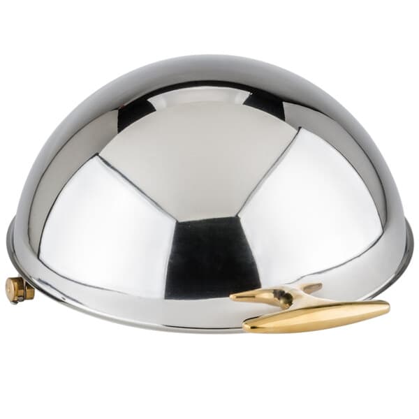 A silver and gold Acopa Supreme chafer cover with a roll top.