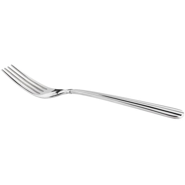 An Acopa Harmony silver stainless steel dinner fork on a white background.