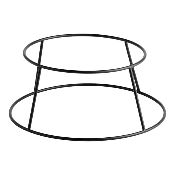 A round black metal display stand with two circular rings connected by angled supports.