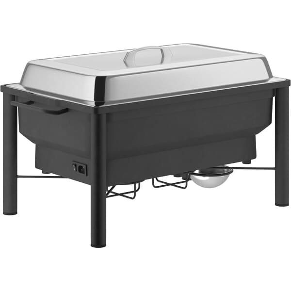 A rectangular black wrought iron chafer with a stainless steel lid.