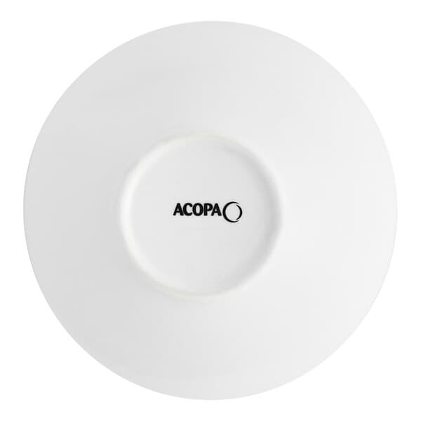 A close-up of a white Acopa porcelain bowl with black text on the side.