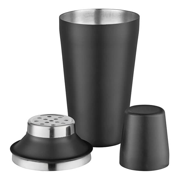 A matte black Acopa Cobbler cocktail shaker with stainless steel parts.