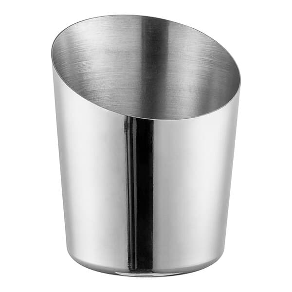An Acopa stainless steel cup with an angled top.