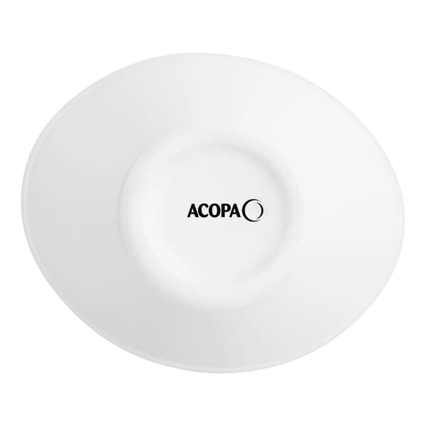 An Acopa bright white oval porcelain coupe bowl with black text that says ACP.