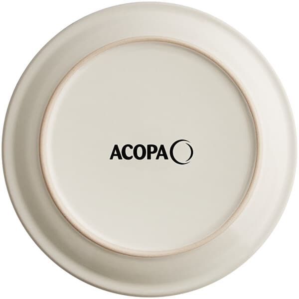 An Acopa ivory stoneware plate with black text on a white background.