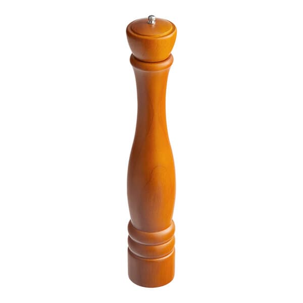 An Acopa matte brown wooden pepper mill with a silver tip.
