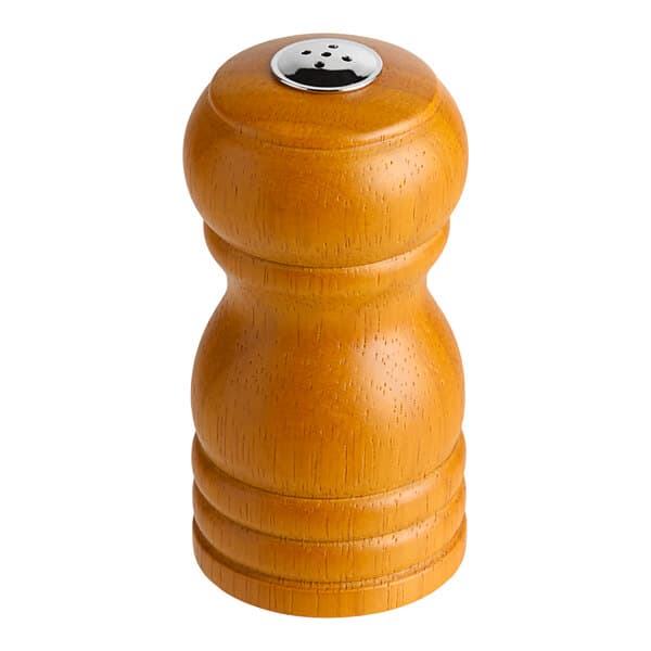 An Acopa wooden salt shaker with a metal lid.