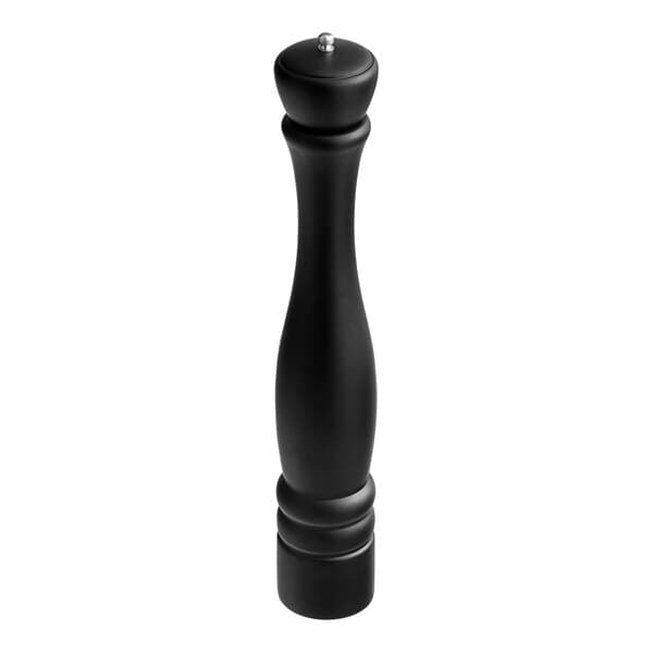 An Acopa matte black wooden salt and pepper mill with a silver tip.