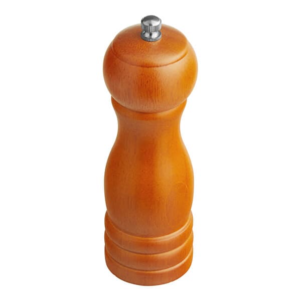 An Acopa wooden pepper mill with a silver top.