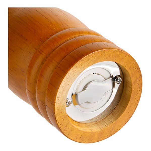 A close-up of an Acopa matte brown wooden salt and pepper mill with a metal knob.
