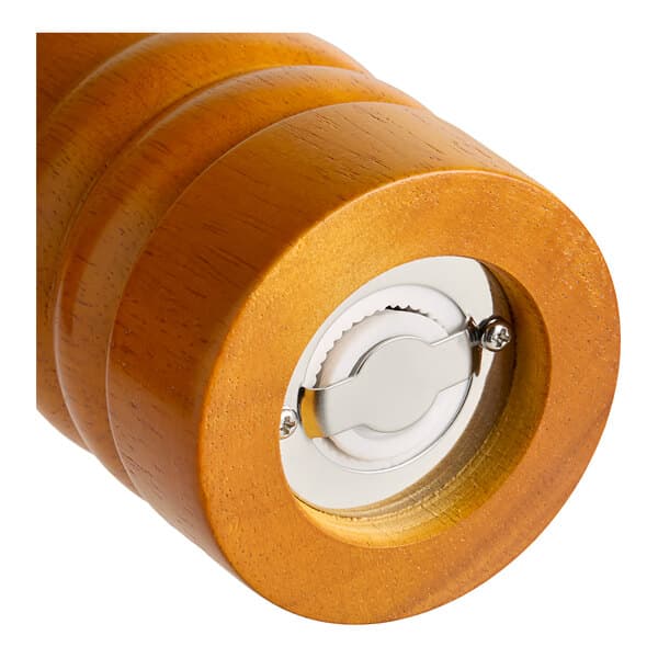 A close up of a Acopa matte brown wooden pepper mill with a metal knob on top.