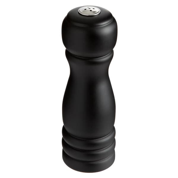 An Acopa matte black wooden salt shaker with a black lid.