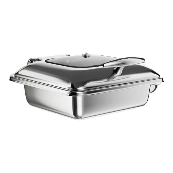 An Acopa stainless steel chafer pan with a glass lid.