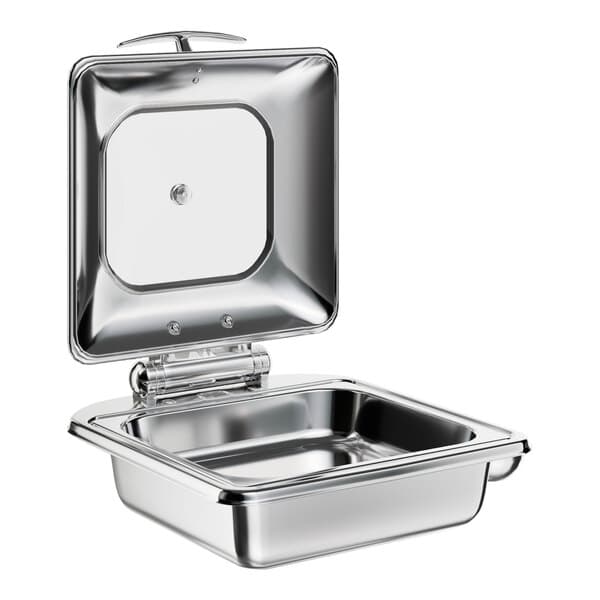 An Acopa stainless steel 2/3 size chafer with a glass lid on a counter.