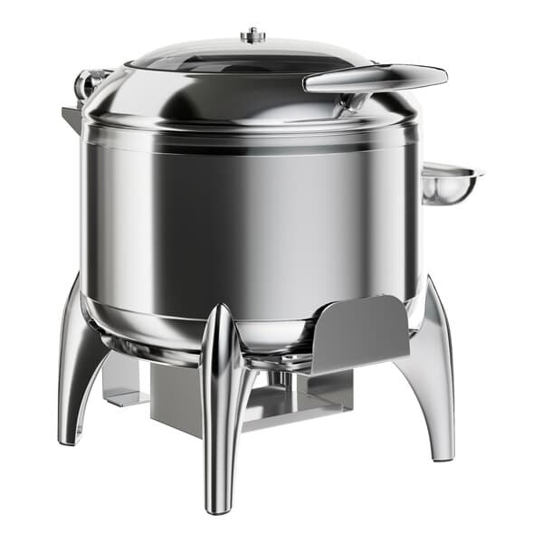 An Acopa stainless steel soup chafer with a glass lid.