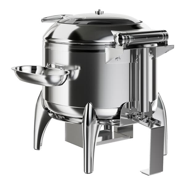 An Acopa stainless steel soup chafer with a stand and glass lid over a bowl.