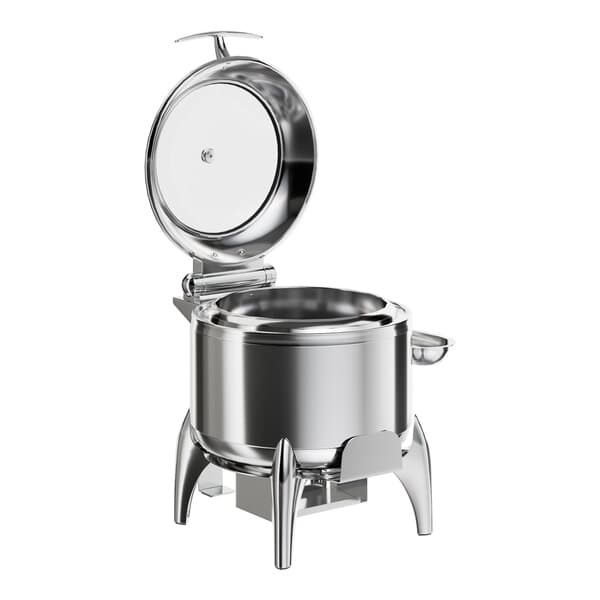 An Acopa stainless steel soup chafer with soft-close glass lid.
