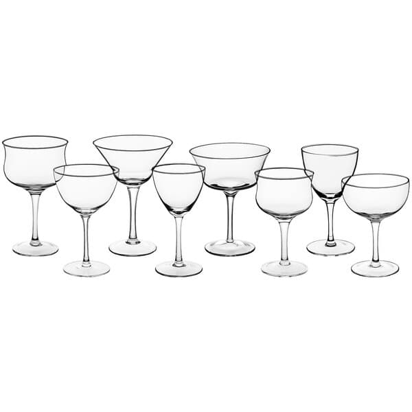 A group of Acopa Deco coupe cocktail glasses.