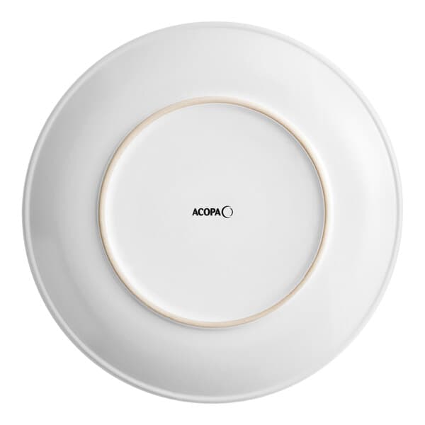 A white Acopa stoneware coupe plate with a white circle.