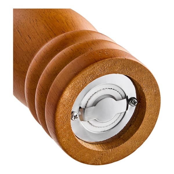 A close up of an Acopa matte brown wooden pepper mill with a metal knob.