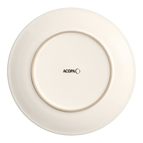 An ivory Acopa stoneware plate with a brown rim and a circle.