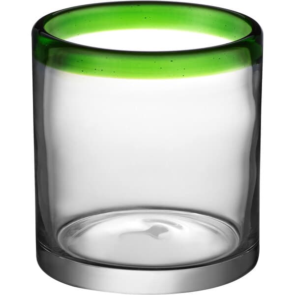 An Acopa Tropic rocks glass with a green rim.