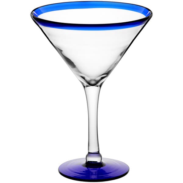 A clear Acopa martini glass with a blue rim.