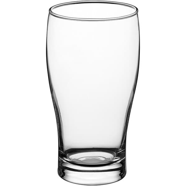 An Acopa pub glass with a clear rim on a white background.