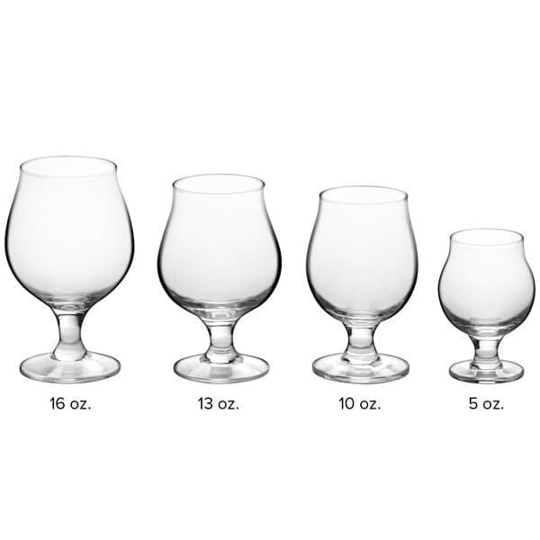 A row of clear stemmed Acopa Belgian beer tasting glasses.