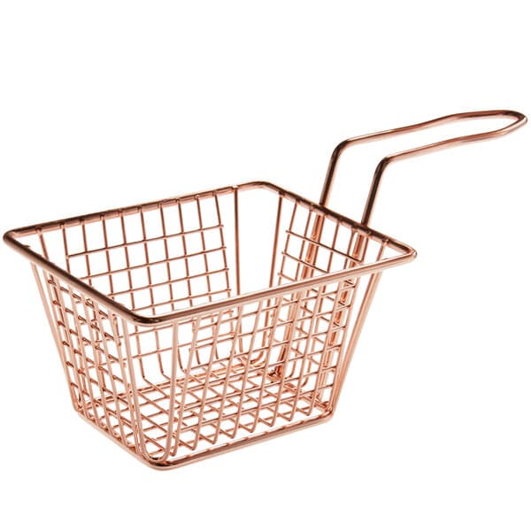 An Acopa rose gold rectangular mini fry basket with a handle.