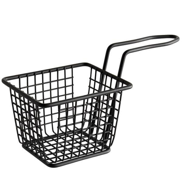 A black wire rectangular mini fry basket with a handle.