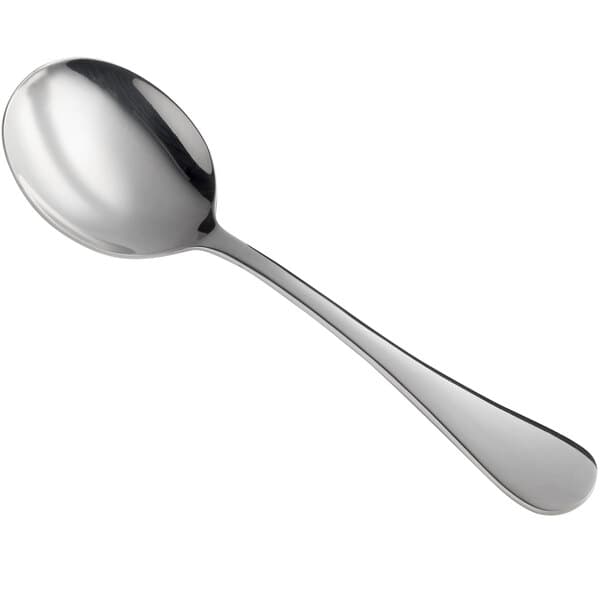 An Acopa Vernon stainless steel bouillon spoon with a silver handle.