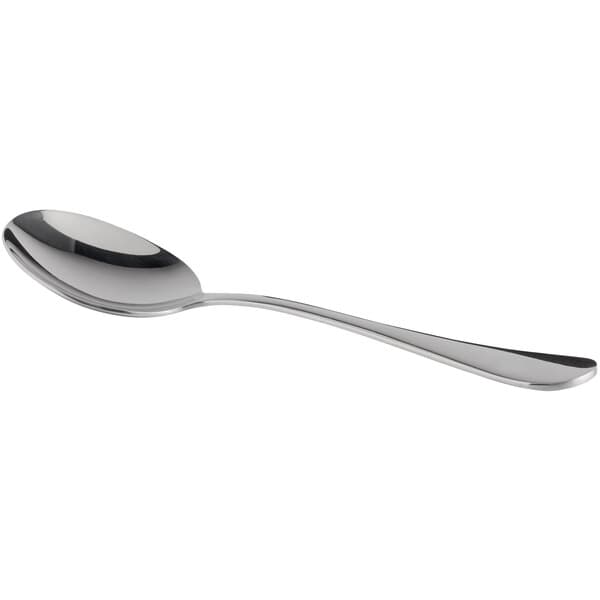 An Acopa Vernon stainless steel bouillon spoon with a silver handle on a white background.