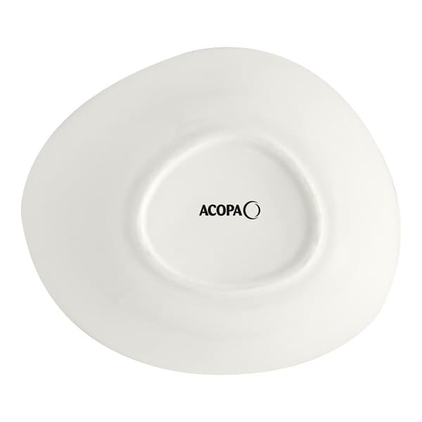 A white Acopa stoneware bowl with black text on the rim.