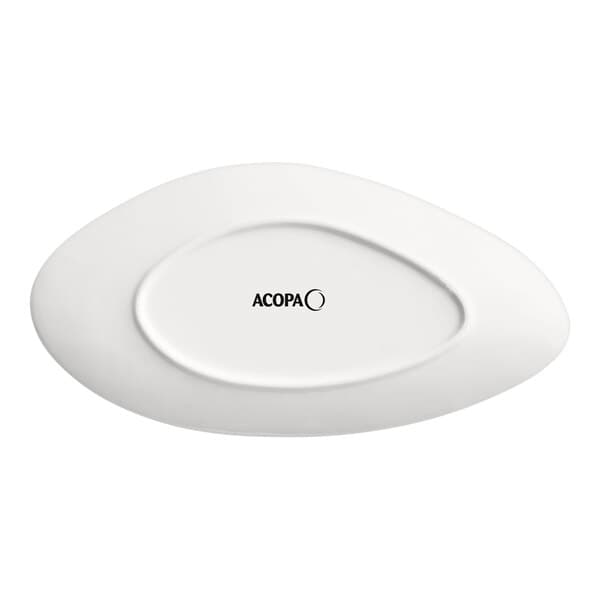 A white triangle shaped Acopa stoneware plate.