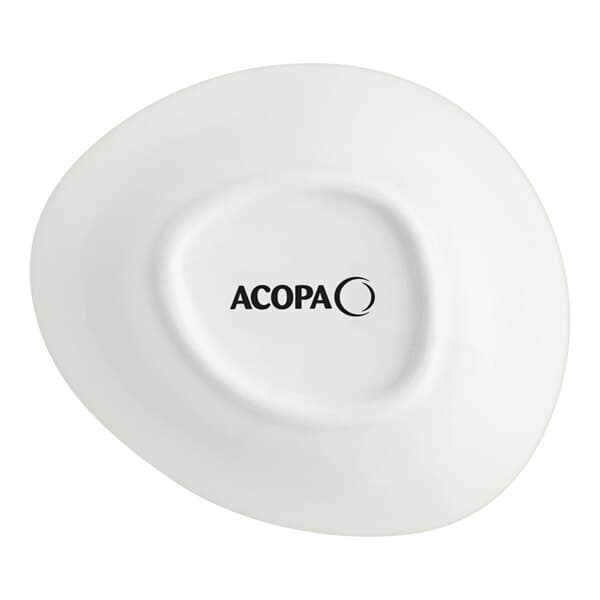 A white Acopa stoneware bowl with the word "Acopa" in black text.