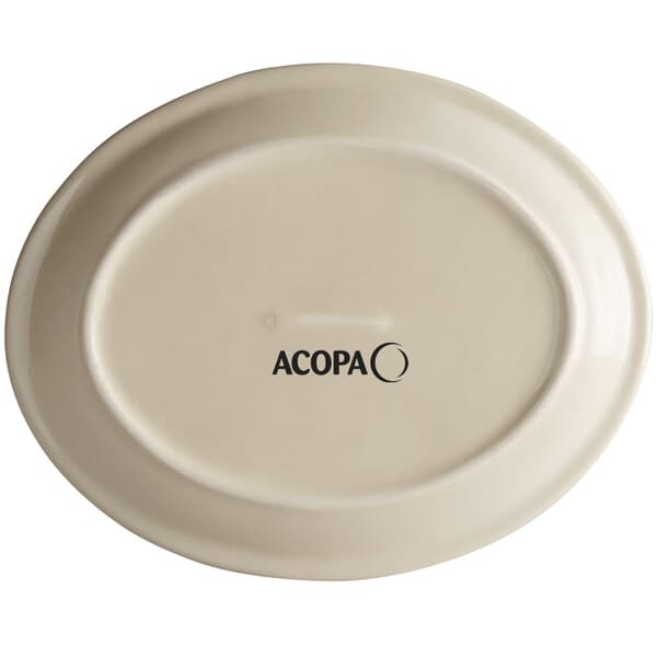 An Acopa brown speckle narrow rim oval stoneware platter with the word Acopa in black text.