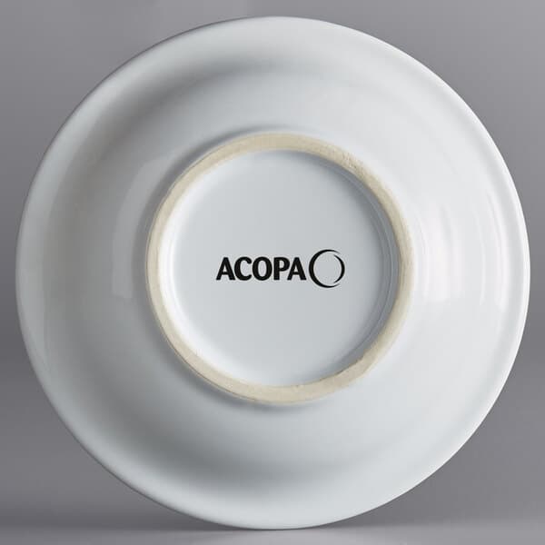 A white stoneware bowl with black text reading "Acopa" on it.