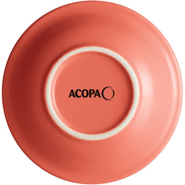 A pink Acopa stoneware bowl with the word "Acopa" in black text.